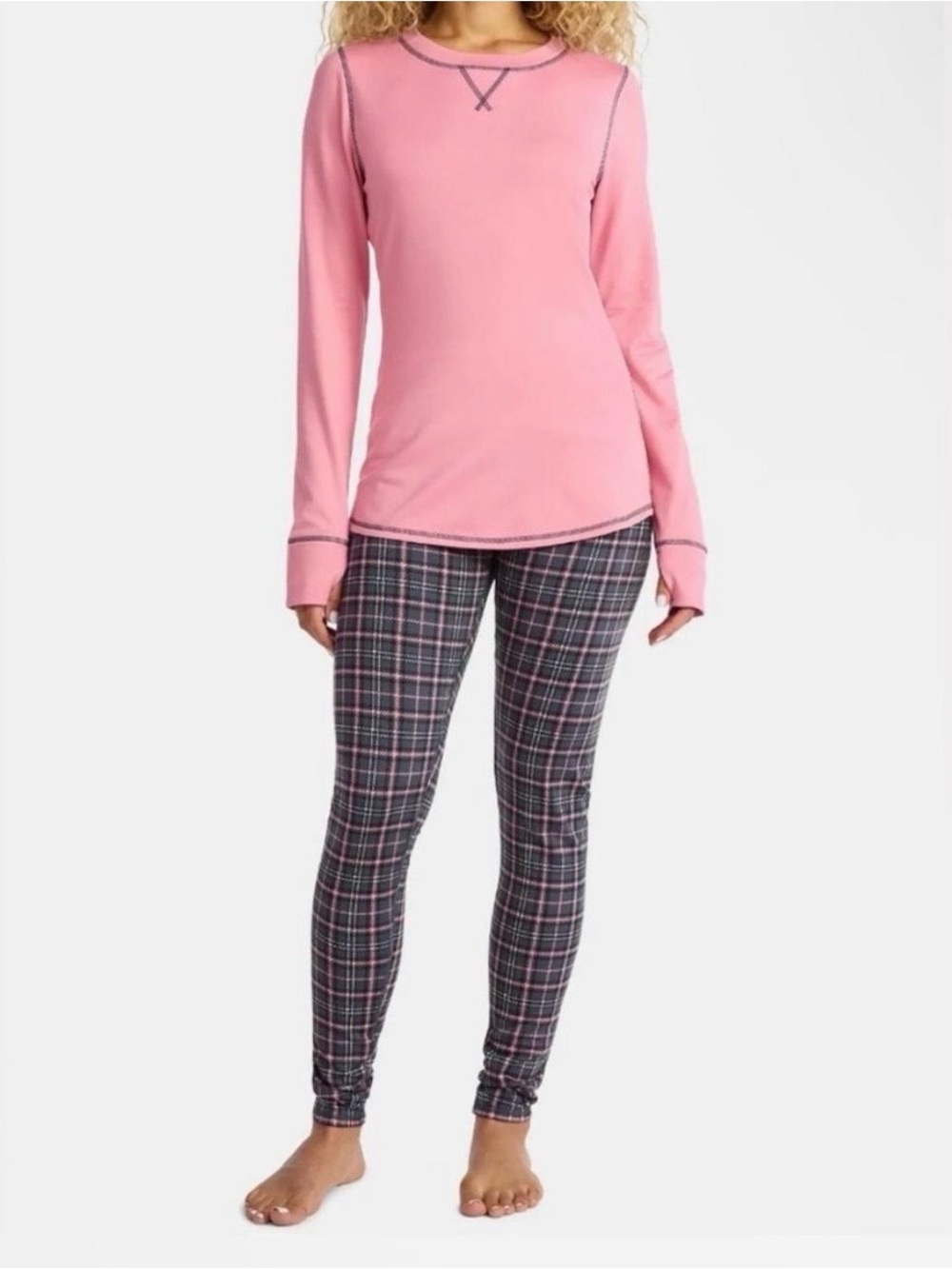 Cuddl Duds Pink Long-Sleeve Top with Gray & Pink Plaid Leggings Pajama Set